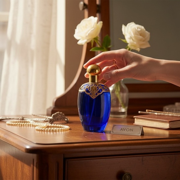 Vintage Avon Cobalt Blue Perfume Bottle w/ Gold Filigree Top - Picture 2 of 4